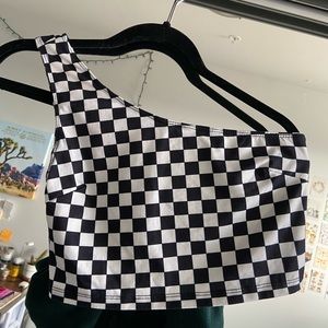 one shoulder checkered tank top